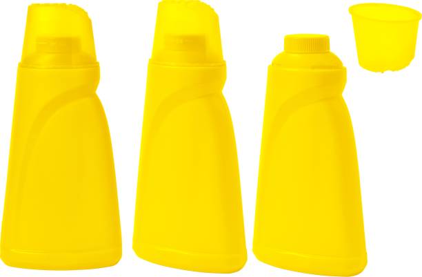 yellow detergent plastic bottle with measuring cap and cleaning liquid isolated