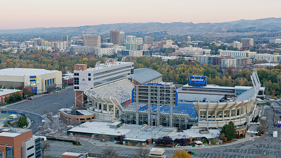 Idaho, U.S. - November 10, 2023: Aerial view of Albertsons Stadium in city during morning at Boise, Idaho, USA.
