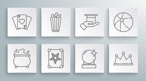 Set line Witch cauldron Popcorn in box Ancient magic book Magic ball Crown Magician hat hand Beach and Playing cards icon. Vector.