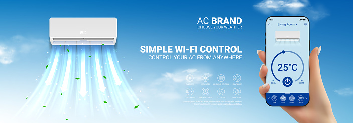 Air conditioner ad template. Concept of ac with wi-fi remote control. Vector illustration with air conditioner and woman's hand holding phone with app for remote control of air conditioner.