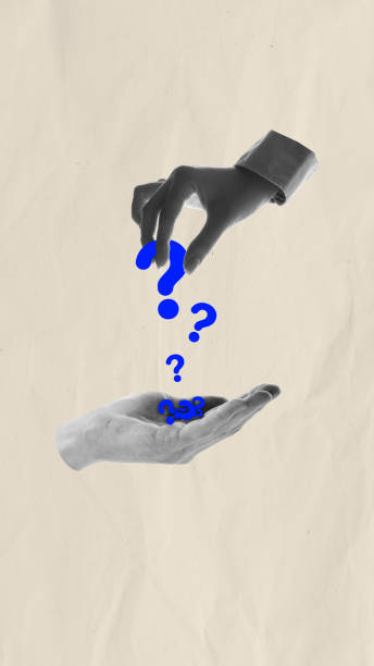 istock Human hand putting question marks on another hand meaning importance of questioning in business for clear understanding of process. Contemporary art collage. 2140020426