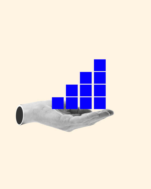 istock Hand holding blue blocks forming growing ladder. Step-by-step progress and achievements in business. Growth and progress. Contemporary art collage. 2140020432