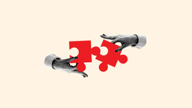 human hands connecting puzzles symbolizing coordinated teamwork, well-planned strategy for career development and company growth. contemporary art collage. - begrippen stockfoto's en -beelden