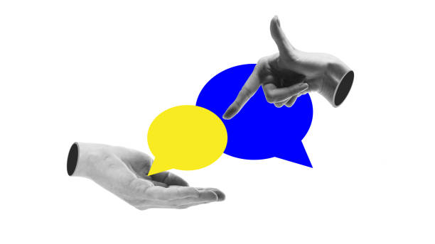 istock Human hands and speech bubbles. Exchange of innovative business ideas, importance in communication with customers and partners. Contemporary art collage. 2140020439