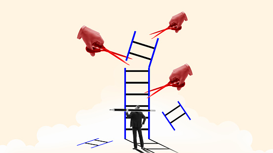 Man standing near ladder with hands cutting it from different sides. Contemporary art collage. Transformation of problems and challenges into personal and professional growth. Concept of business