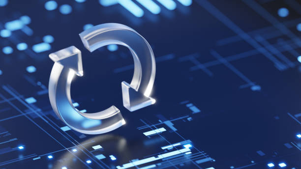 istock Two round arrows icon - update symbol. 3d glass update, refresh icon on dark blue digital background 2140024760