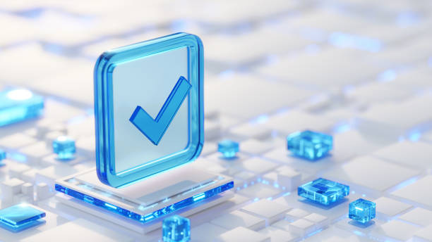 istock Check mark symbol. 3d glossy icon on abstract geometry as symbol of network server or computer network 2140029069