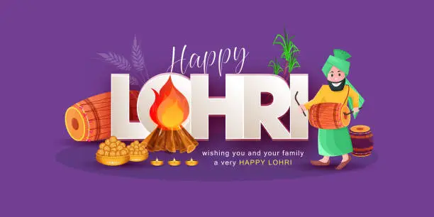 Vector illustration of Happy Lohri lettering isolated on Purple.
