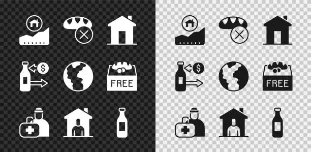 Vector illustration of Set Rising cost of housing, Donation food, Real estate, First aid kit, Shelter for homeless, Bottle water, Reception glass bottles and Global economic crisis icon. Vector