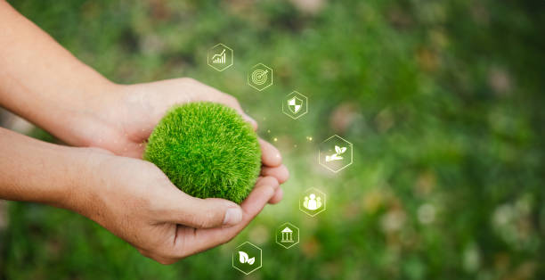 環境、社会、ガバナンスに関するesg green globe ballは、持続可能な組織開発のために、資源に配慮し、空気を増やし、工場からの炭素排出量を削減するための共同協定です。 - globe joint ストックフォトと画像