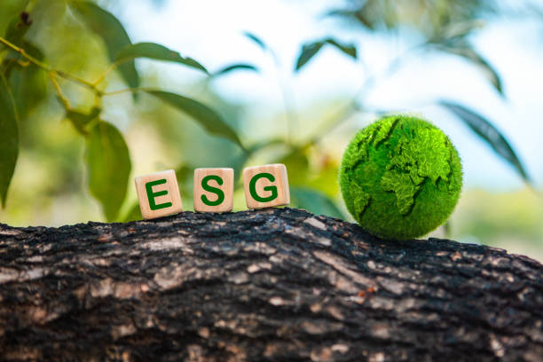 esg green globe ball on environment, society and governance a joint agreement to care for resources, increase air, and reduce carbon emissions from factories for sustainable organizational development. - globe joint ストックフォトと画像