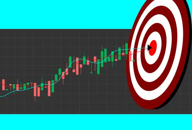 Vector illustration of Stock market or forex trading graph and candlestick chart with bullseye dart board. Financial investment business target.