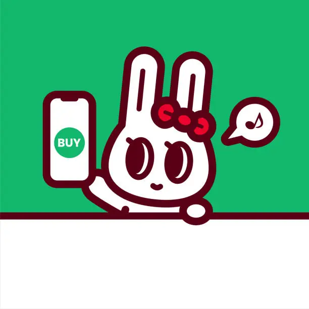 Vector illustration of A cute bunny behind the blank sign, holding a smartphone with a BUY button