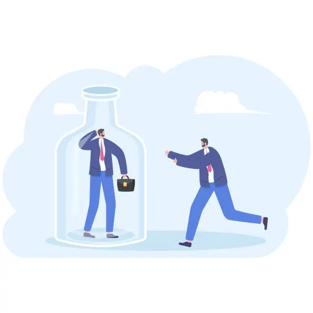 Vector illustration of Businessman trying to help partner trapped inside bottle out through,