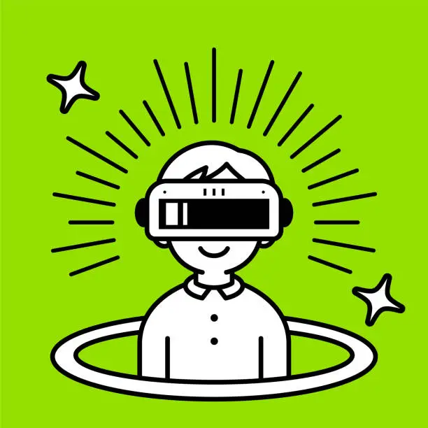 Vector illustration of A boy wearing a virtual reality headset or VR glasses pops out of a virtual hole and into the metaverse