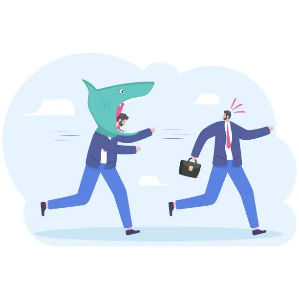 Vector illustration of Afraid businessman running away from man dressed costume of shark,