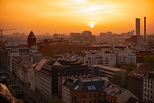 The skyline, in Spittelmarkt, Berlin, East Germany, provides a wonderful sunrise in springtime.