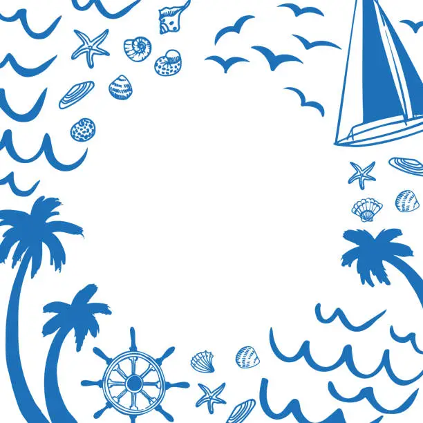 Vector illustration of Marine sketch background card with seagulls, waves, palm trees, shells, yacht, steering wheel, hand drawn vector illustration. Backdrop template with Sea Voyage, nautical vacation, cruise travelling