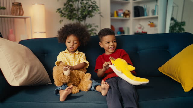 Carefree African American boys playing with plush toys on couch, happy childhood