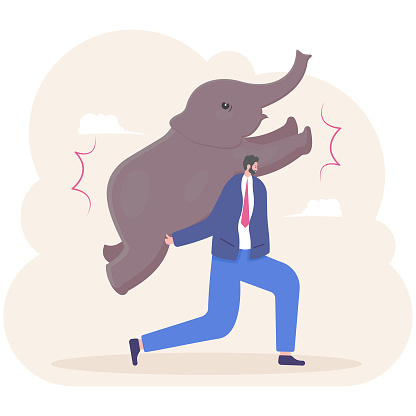 Businessman carrying heavy elephant with walking upstairs,