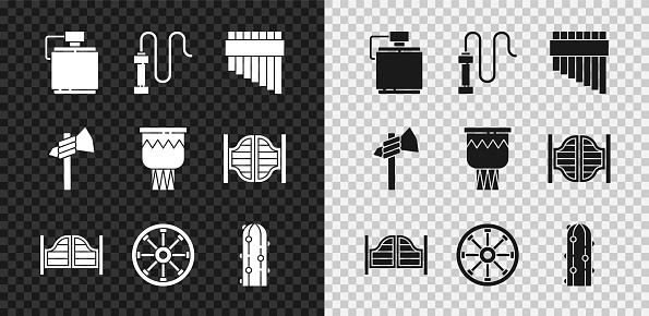 Set Canteen water bottle Leather whip Pan flute Saloon door Old wooden wheel Cactus Tomahawk axe and Drum icon. Vector.