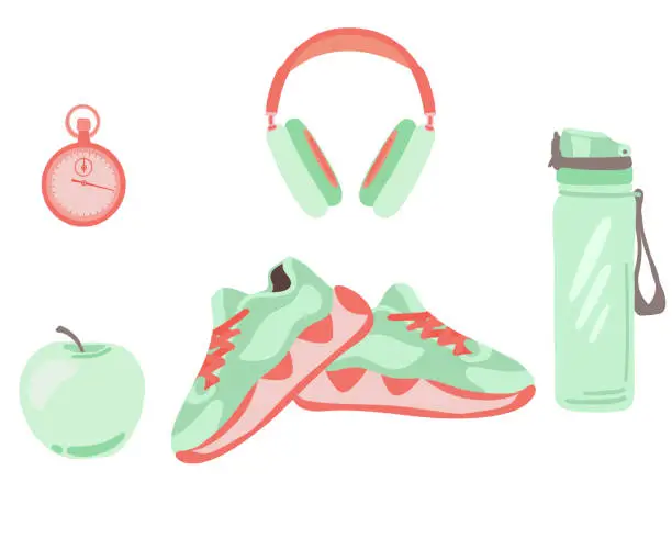 Vector illustration of Running snickers set with apple headphones and bottle Flat design
