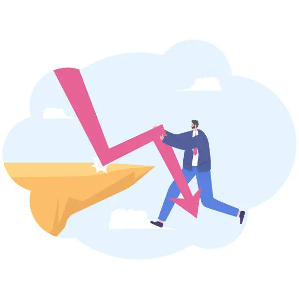 Vector illustration of Businessman chained the arrow down falling into the cliff,
