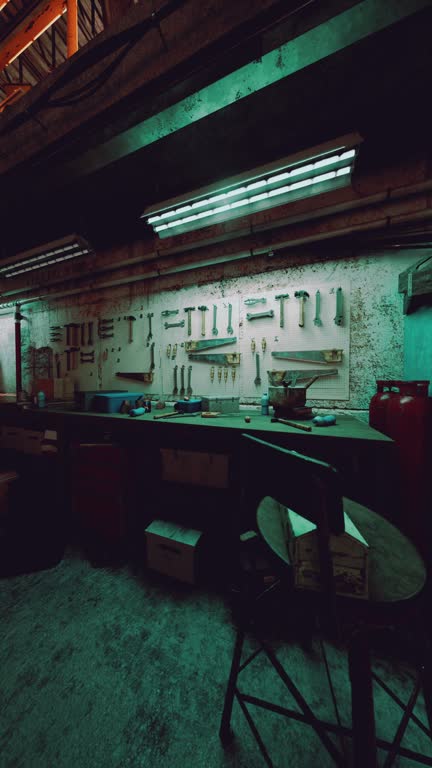 Room Filled With Tables and Chairs in Old Auto Repair Shop