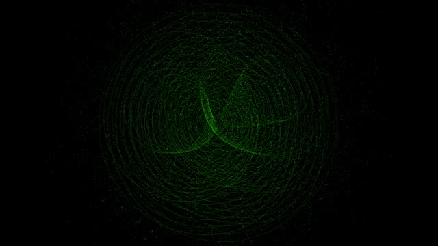 Futuristic glittering circle fly movement flickering wave loop in space on black background. green particles abstract background with golden shining stars dust bokeh glitter awards dust.