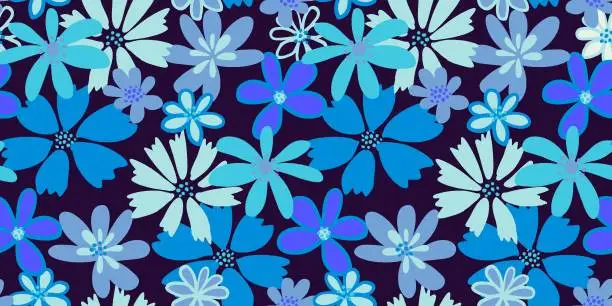 Vector illustration of Monotone blue shapes abstract creative flowers seamless pattern on a black background. Vector hand drawn sketch. Groovy floral printing. Template for designs, notebook cover, childish textiles, paper