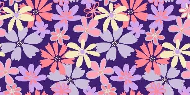Vector illustration of Creative shapes flowers seamless pattern on a violet background. Vector hand drawn sketch. Summer abstract groovy floral printing. Template for designs, notebook cover, childish textiles