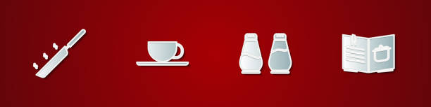 ilustraciones, imágenes clip art, dibujos animados e iconos de stock de conjunto de sartén, taza de café, sal y pimienta e icono de libro de cocina. vector - sales manager