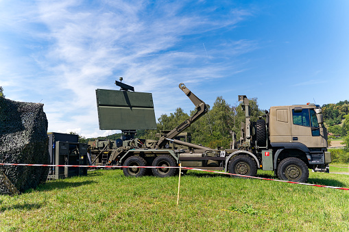 Shooting range of Swiss Army at Swiss City of Bülach with Taflir airspace radar system on a sunny summer day. Photo taken August 18th, 2023, Bülach, Canton Zürich, Switzerland.