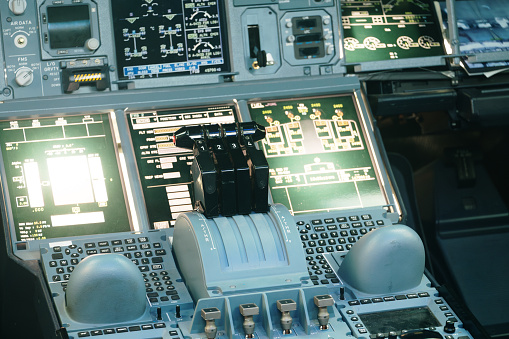 Close-up shot of a dashboard inside of a jet airplane