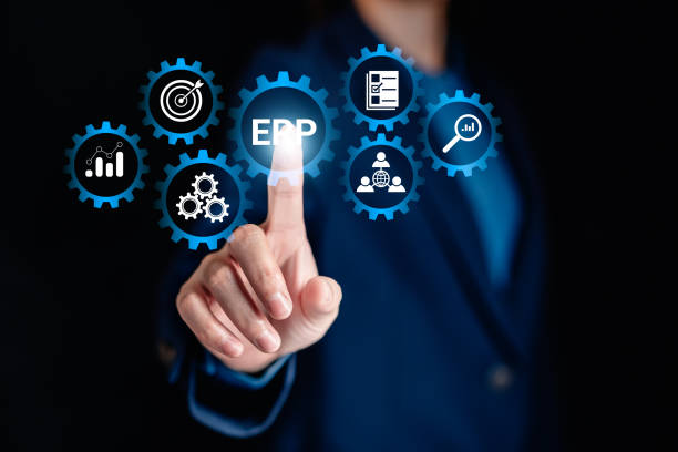 istock Businesswomen touch to icon virtual Enterprise Resource Planning (ERP) concept, software managment business activities accounting procurement project risk management and supply chain 2140172403