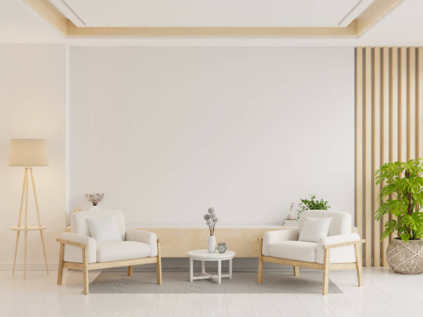 istock Modern minimal interior with two armchair on empty white color wall background 2140186858