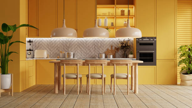 istock Cozy modern kitchen room interior design with dark yellow wall 2140187372
