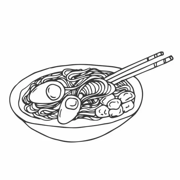Vector illustration of Japanese ramen soup with chicken, noodles, eggs, chopped green onion, spinach and sesame served on a plate with chopsticks and a spoon. Outline doodle illustration for restaurant menu. Top view.