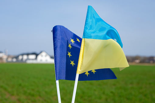 Flag of the European Union. Ukrainian flag. Wheat field in spring. Blurred background of a wealthy village. Ukraine has the status of a candidate for accession to the European Union.