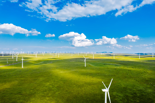 Aerial view of wind farm on Huiteng Xile Grassland in Ulanqab, Inner Mongolia, China