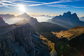 Sunrise above the dramatic landscape of the Dolomites (Dolomiti)