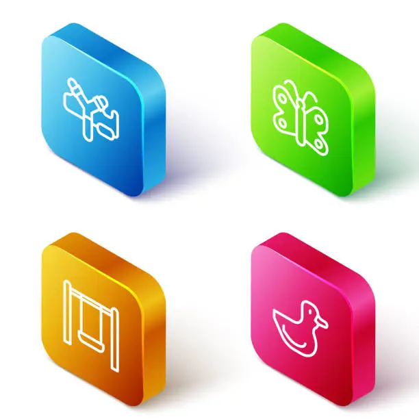 Vector illustration of Set Isometric line Slingshot, Butterfly, Swing and Rubber duck icon. Vector