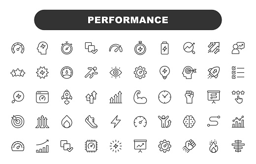 Performance Line Icons. Editable Stroke. Contains such icons as Performance, Growth, Feedback, Running, Speedometer, Authority, Success.