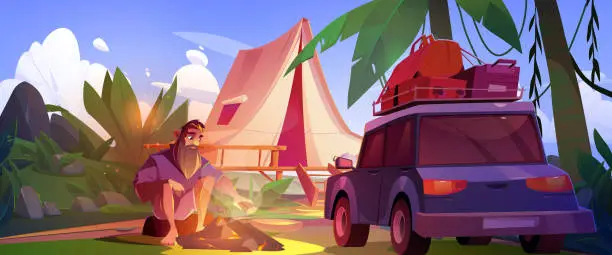 Vector illustration of Male tourist sitting near fire in summer camp