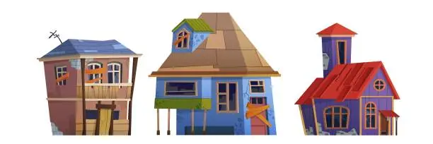 Vector illustration of Broken abandoned house buildings