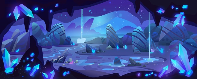 Dark cave with blue crystals. Vector cartoon illustration of dark underground mine with mineral stones on walls, water puddles on ground, treasure grotto, jewelry mining dungeon, game background