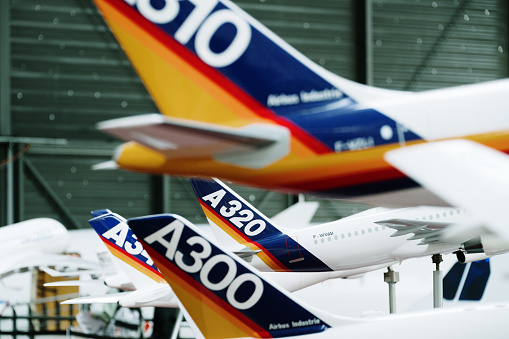 Toulouse, France - 27 March, 2024: Scale model of different Airbus airplanes