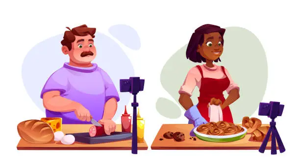 Vector illustration of Male and female bloggers cooking food on camera