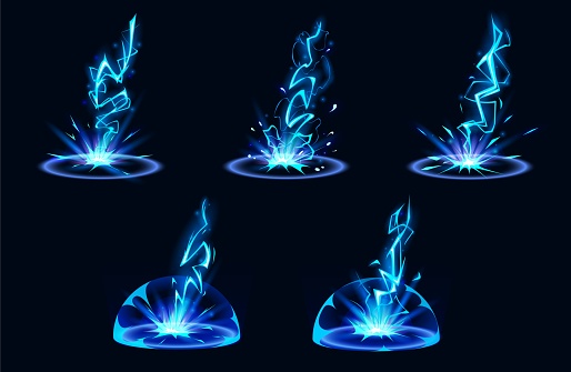 Lightning hit ground or floor with burst vfx effect, light ball and smoke clouds. Cartoon vector illustration set of blue thunder bolt with flash and power energy splash for game ui design.