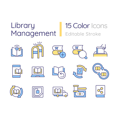 Library organization RGB color icons set. Access control, book sharing. Collection management. Isolated vector illustrations. Simple filled line drawings collection. Editable stroke